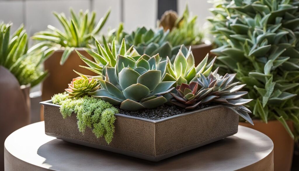 Beautiful container garden with succulents and foliage
